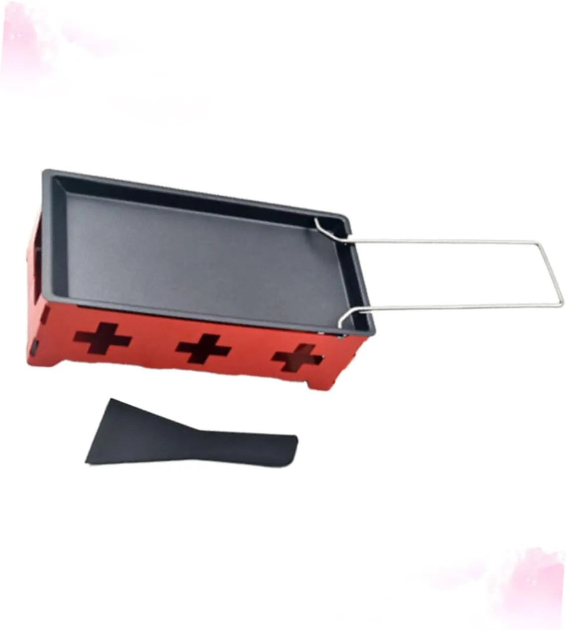1 Set Portable Non Stick Cheese Grill Set Mini Bakeware with Red Stove Rack Baking Tray and Small Spatula for Camping and Outdoor Picnics Steel Handle