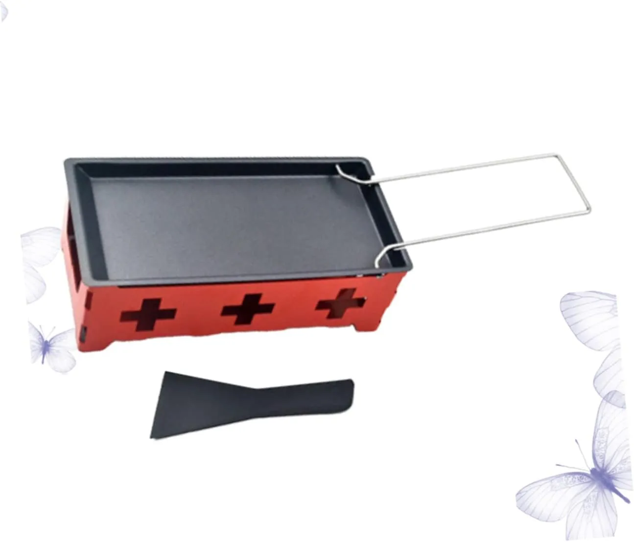 1 Set Portable Non Stick Cheese Grill Set Mini Bakeware with Red Stove Rack Baking Tray and Small Spatula for Camping and Outdoor Picnics Steel Handle