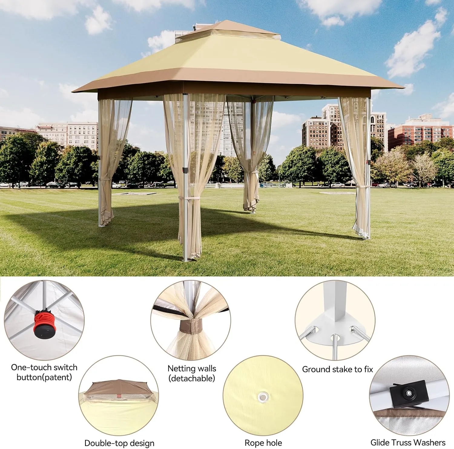 10 x 10 Pop Up Gazebo, Outdoor Canopy Tent with Double Roofs and Mosquito Netting, Patented Center Lock Heavy Duty Patio Shade Shelter with Wheeled Bag for Backyard Garden Lawn, Beige Khaki
