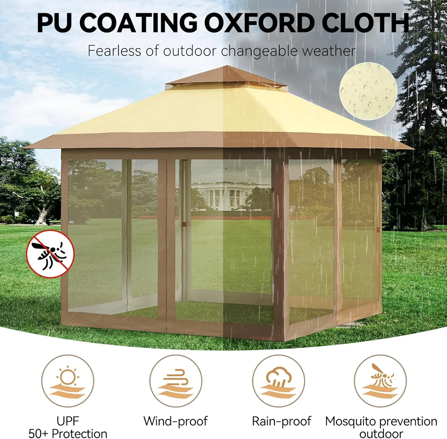 10 x 10 Pop Up Gazebo, Outdoor Canopy Tent with Double Roofs and Mosquito Netting, Patented Center Lock Heavy Duty Patio Shade Shelter with Wheeled Bag for Backyard Garden Lawn, Beige Khaki