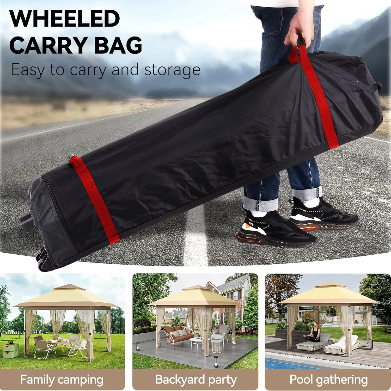 10 x 10 Pop Up Gazebo, Outdoor Canopy Tent with Double Roofs and Mosquito Netting, Patented Center Lock Heavy Duty Patio Shade Shelter with Wheeled Bag for Backyard Garden Lawn, Beige Khaki
