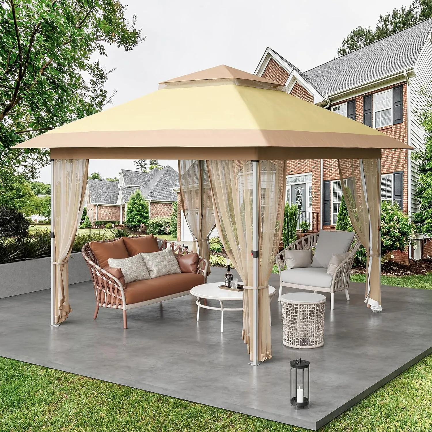 10 x 10 Pop Up Gazebo, Outdoor Canopy Tent with Double Roofs and Mosquito Netting, Patented Center Lock Heavy Duty Patio Shade Shelter with Wheeled Bag for Backyard Garden Lawn, Beige Khaki