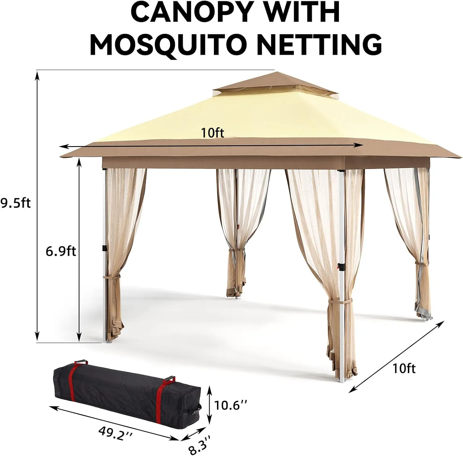 10 x 10 Pop Up Gazebo, Outdoor Canopy Tent with Double Roofs and Mosquito Netting, Patented Center Lock Heavy Duty Patio Shade Shelter with Wheeled Bag for Backyard Garden Lawn, Beige Khaki