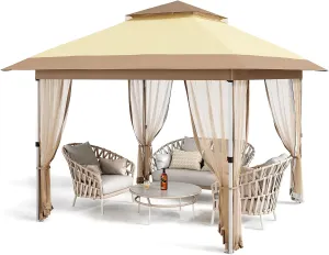 10 x 10 Pop Up Gazebo, Outdoor Canopy Tent with Double Roofs and Mosquito Netting, Patented Center Lock Heavy Duty Patio Shade Shelter with Wheeled Bag for Backyard Garden Lawn, Beige Khaki
