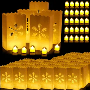 100 Set Luminary Paper Bags with Flameless Tea Lights Christmas Flameless Candle with Luminaries Candle Bag LED Tea Light for Birthday Wedding Halloween Christmas Thanksgiving Party Decor (Snowflake)