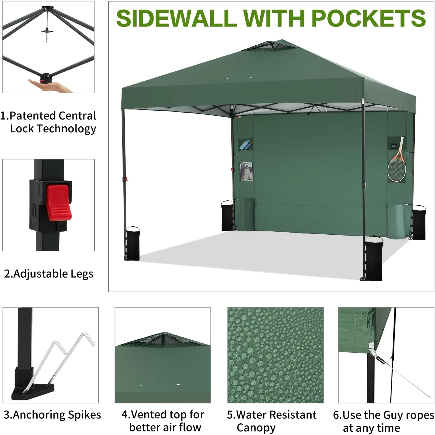 10x10 Pop Up Canopy Tent with Sidewall and Pocket, One Push 1-Person Easy Setup, Portable Instant Shade Canopy with Vented Roof for Parties Outdoor, Case, 8 Stakes, 4 Ropes, 4 Sandbags (Green)