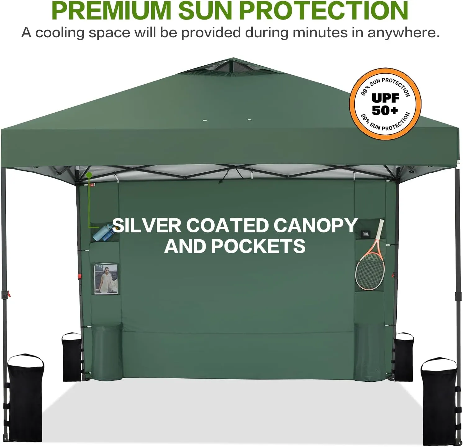 10x10 Pop Up Canopy Tent with Sidewall and Pocket, One Push 1-Person Easy Setup, Portable Instant Shade Canopy with Vented Roof for Parties Outdoor, Case, 8 Stakes, 4 Ropes, 4 Sandbags (Green)