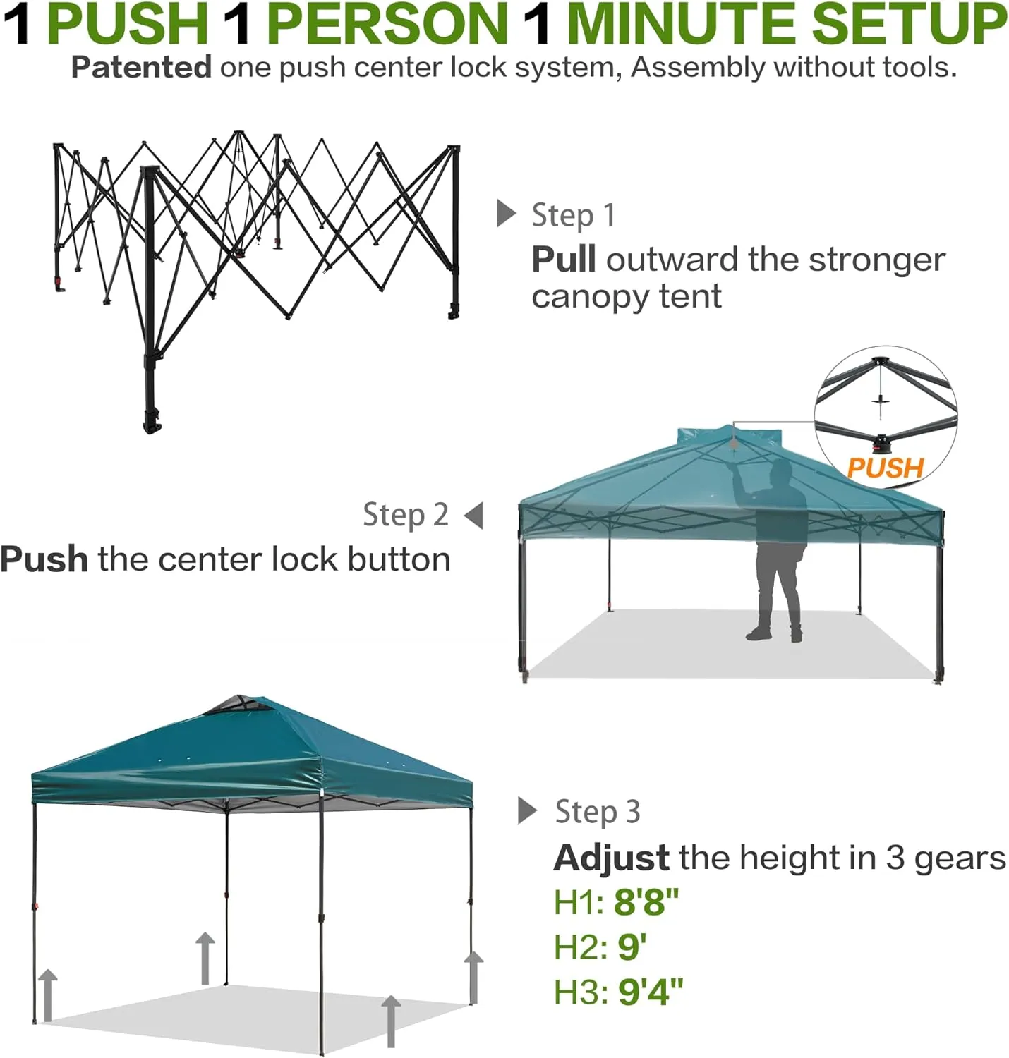 10x10 Pop Up Canopy Tent with Sidewall and Pocket, One Push 1-Person Easy Setup, Portable Instant Shade Canopy with Vented Roof for Parties Outdoor, Case, 8 Stakes, 4 Ropes, 4 Sandbags (Green)
