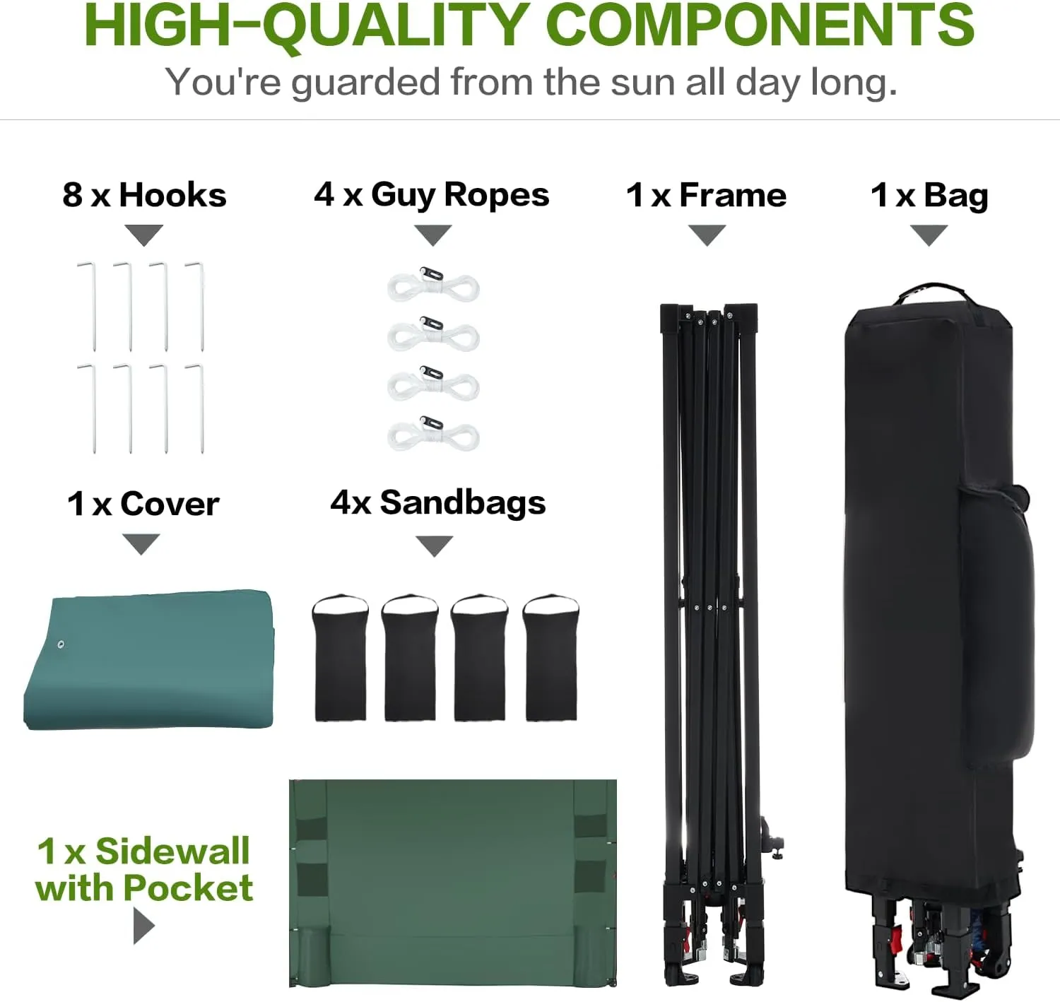 10x10 Pop Up Canopy Tent with Sidewall and Pocket, One Push 1-Person Easy Setup, Portable Instant Shade Canopy with Vented Roof for Parties Outdoor, Case, 8 Stakes, 4 Ropes, 4 Sandbags (Green)