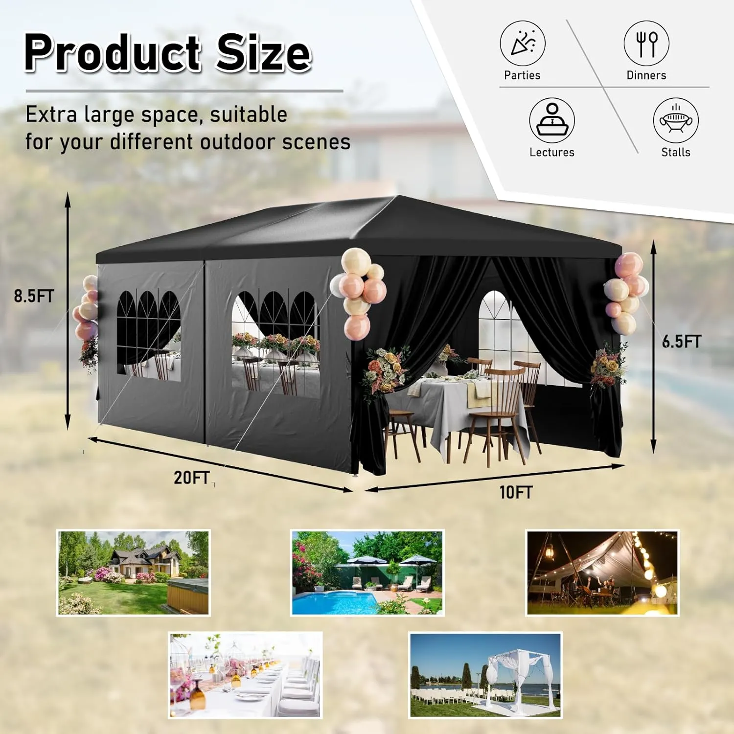 10x20FT Black Party Tent Outdoor Canopy Tent Heavy Duty Waterproof Patio Gazebo Wedding Event Tents for Parties with 6 Removable Sidewalls Perfect for Birthday Holiday Graduation BBQ