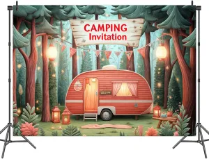 10x8 ft Camping Theme Backdrop Forest Night Campfire Tent Car BBQ Party Photo Backdrop Happy Camper Banner Decorations Outdoor Photo Banner Props