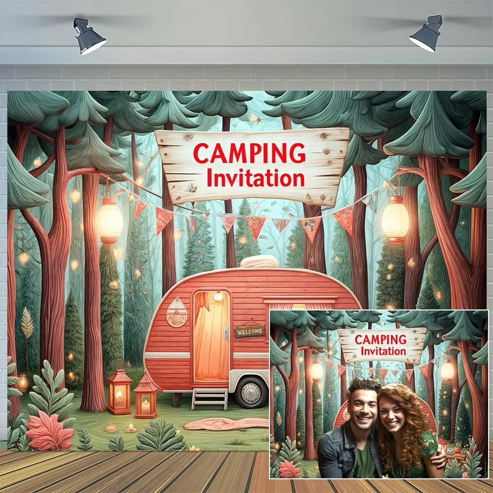 10x8 ft Camping Theme Backdrop Forest Night Campfire Tent Car BBQ Party Photo Backdrop Happy Camper Banner Decorations Outdoor Photo Banner Props