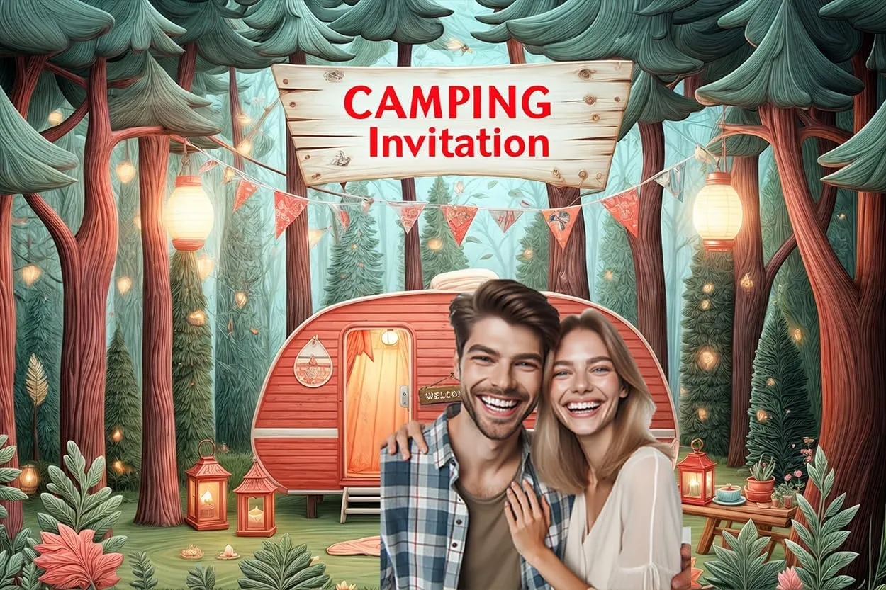 10x8 ft Camping Theme Backdrop Forest Night Campfire Tent Car BBQ Party Photo Backdrop Happy Camper Banner Decorations Outdoor Photo Banner Props