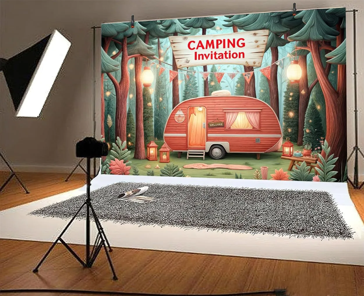 10x8 ft Camping Theme Backdrop Forest Night Campfire Tent Car BBQ Party Photo Backdrop Happy Camper Banner Decorations Outdoor Photo Banner Props