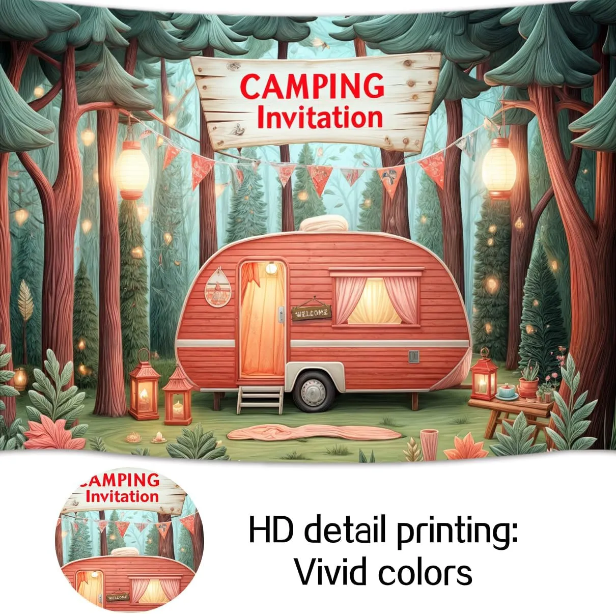 10x8 ft Camping Theme Backdrop Forest Night Campfire Tent Car BBQ Party Photo Backdrop Happy Camper Banner Decorations Outdoor Photo Banner Props