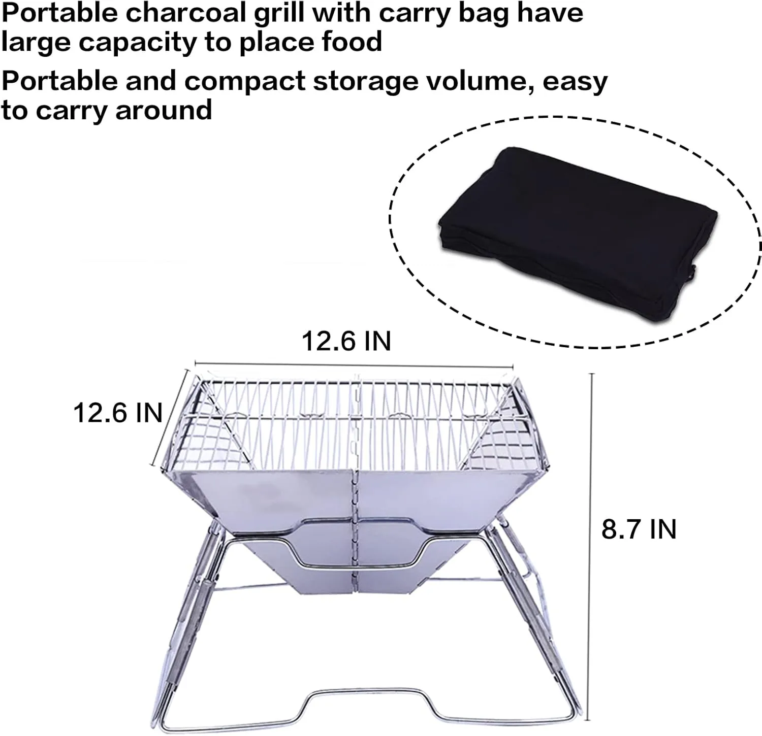 12.6” Stainless Steel Foldable Camping Grills with Carry Bag, Portable BBQ Grills for Camping Outdoor Picnic Hiking, Easy to Carry and Assemble, 12.6Lx12.6Wx8.7H inches