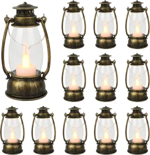 12Pcs Mini Lantern Decorative with Flickering LED Candle, Bulk 6Inch Hanging Candle Lantern, Table Centerpiece, Vintage Lantern Decorations for Western Party Decor,Battery Included (Brass)