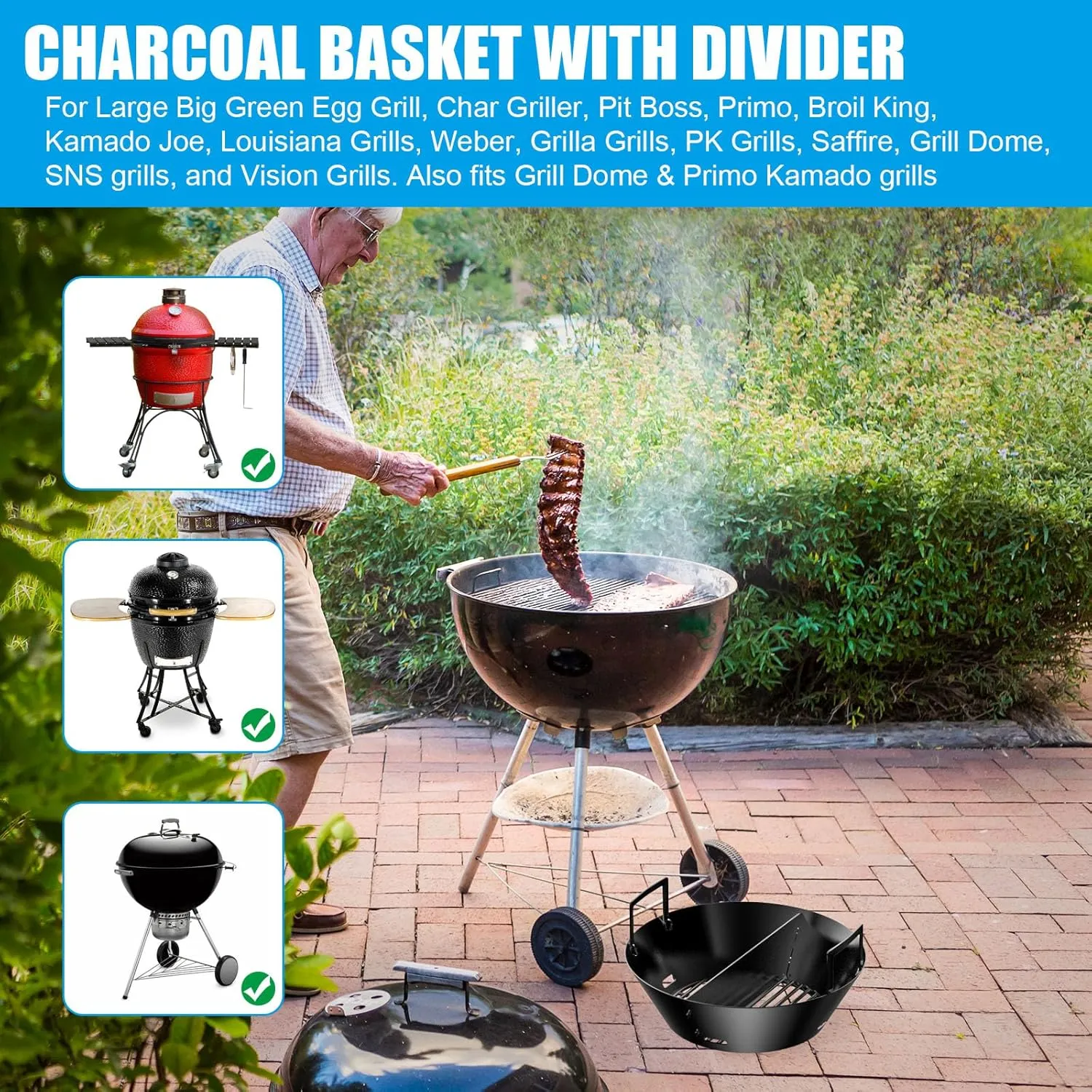14 Inches Charcoal Basket for Large Big Green Egg, Porcelain Enamel Ash Basket with Divider for Kamado Joe Classic Accessories, Charcoal Holder Replacement Parts for Weber 26" Kettle Charcoal Grills