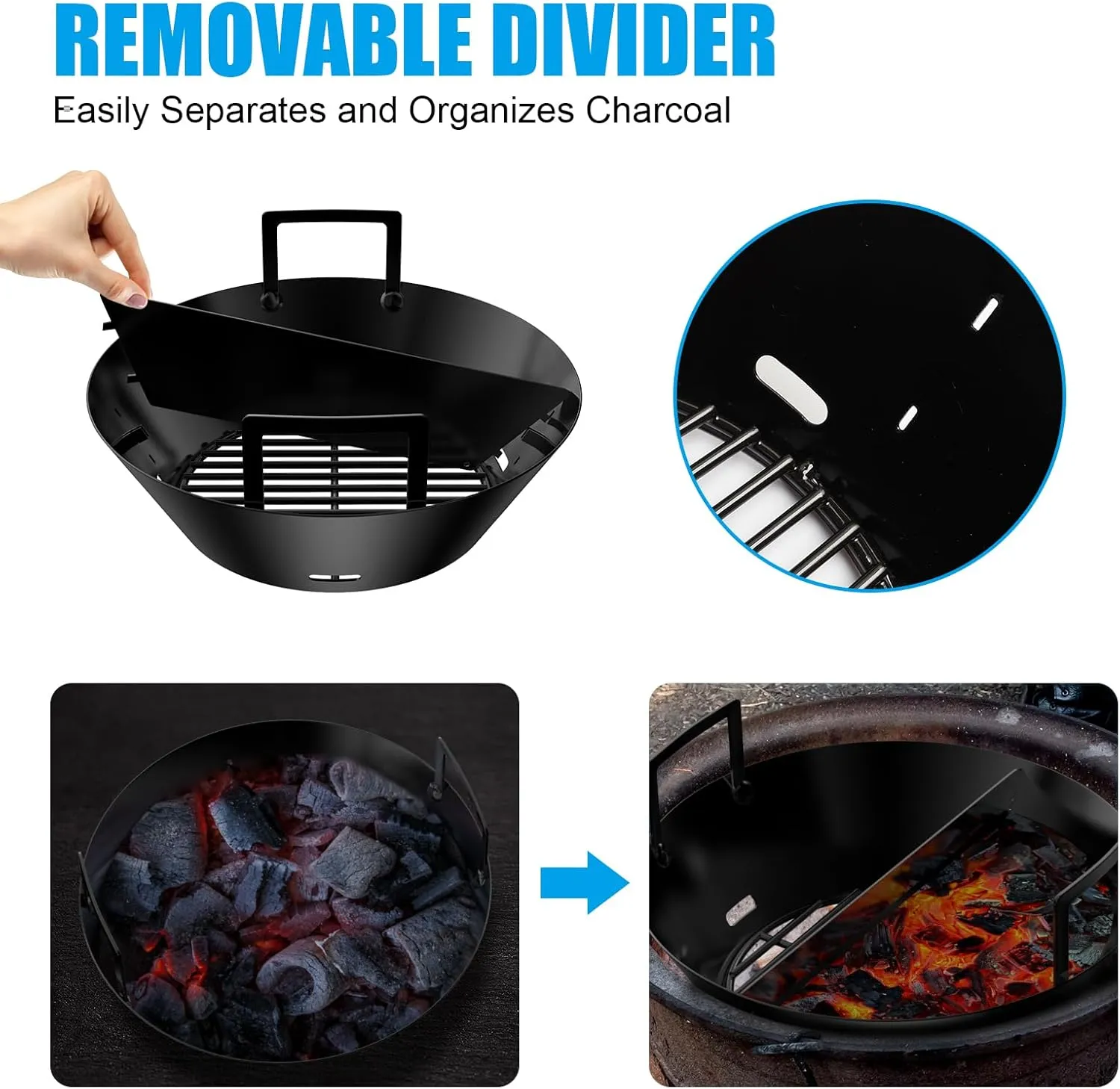 14 Inches Charcoal Basket for Large Big Green Egg, Porcelain Enamel Ash Basket with Divider for Kamado Joe Classic Accessories, Charcoal Holder Replacement Parts for Weber 26" Kettle Charcoal Grills