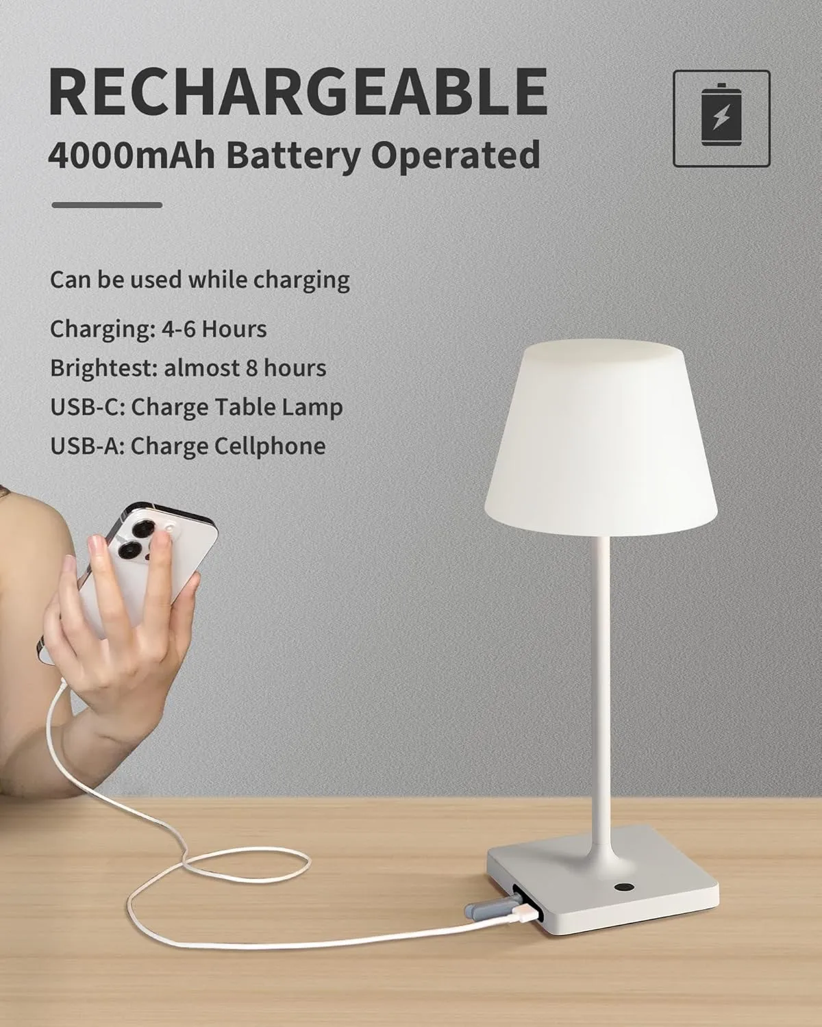 14.5" Small Cordless Touch Table Lamp White, Waterproof Shower Lamp Set of 2, 4000mAh Rechargeable Battery Powered Dimmable LED Desk Lamps for Outdoor, Restaurant, Bathroom, Camping, Nightlight