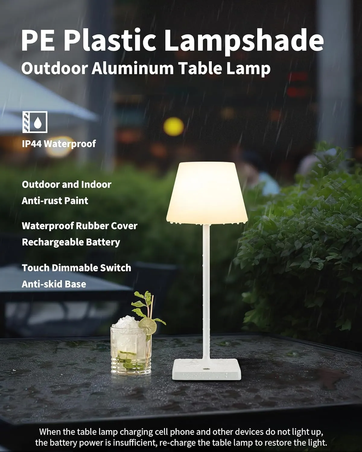 14.5" Small Cordless Touch Table Lamp White, Waterproof Shower Lamp Set of 2, 4000mAh Rechargeable Battery Powered Dimmable LED Desk Lamps for Outdoor, Restaurant, Bathroom, Camping, Nightlight