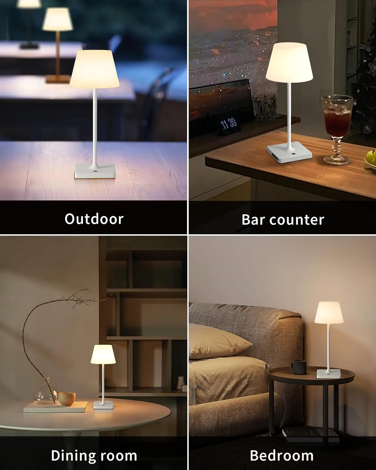 14.5" Small Cordless Touch Table Lamp White, Waterproof Shower Lamp Set of 2, 4000mAh Rechargeable Battery Powered Dimmable LED Desk Lamps for Outdoor, Restaurant, Bathroom, Camping, Nightlight