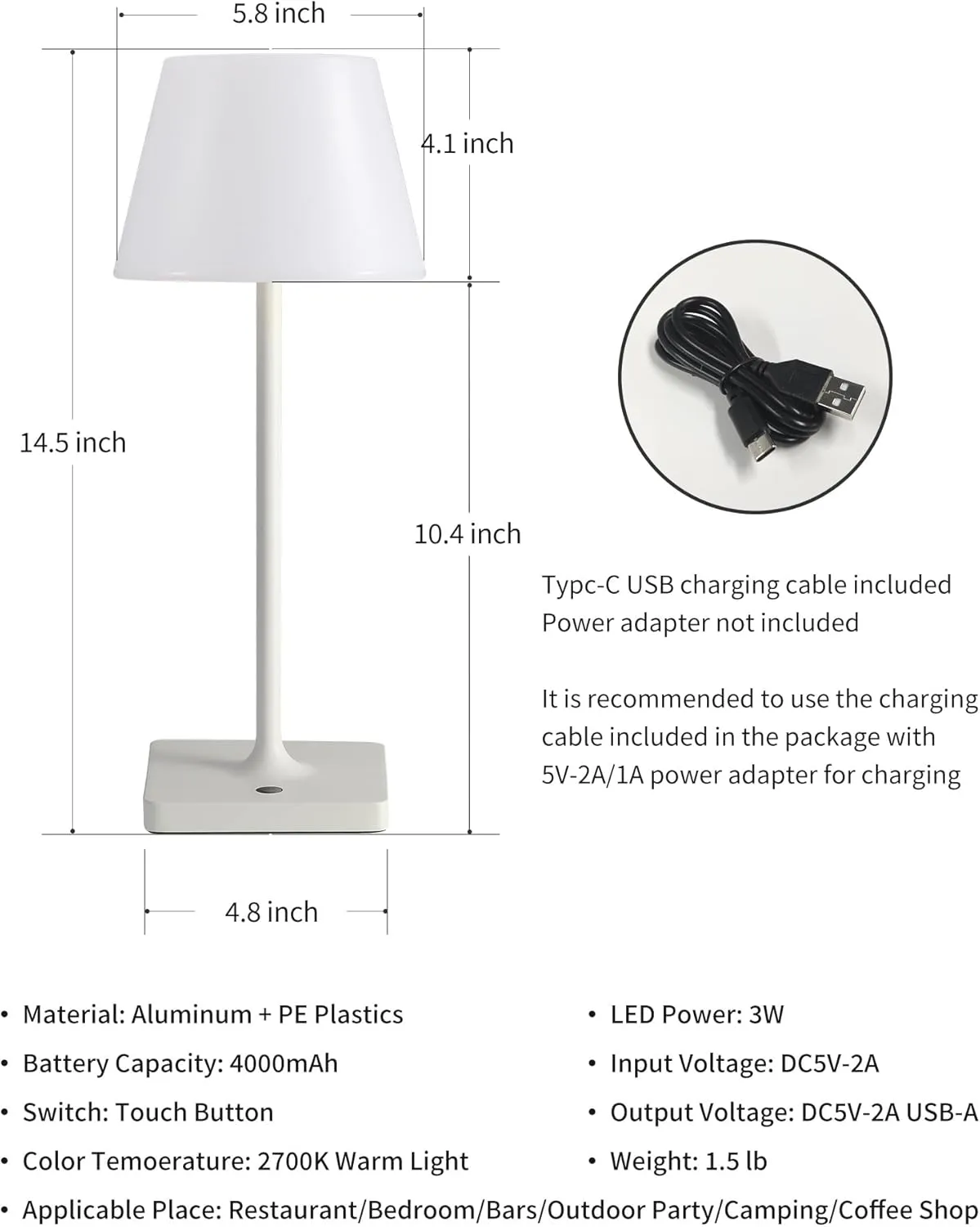 14.5" Small Cordless Touch Table Lamp White, Waterproof Shower Lamp Set of 2, 4000mAh Rechargeable Battery Powered Dimmable LED Desk Lamps for Outdoor, Restaurant, Bathroom, Camping, Nightlight
