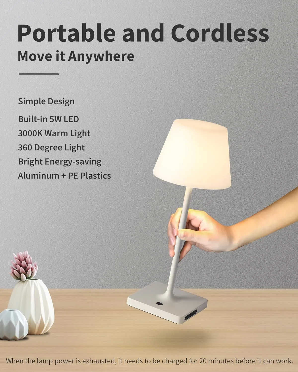 14.5" Small Cordless Touch Table Lamp White, Waterproof Shower Lamp Set of 2, 4000mAh Rechargeable Battery Powered Dimmable LED Desk Lamps for Outdoor, Restaurant, Bathroom, Camping, Nightlight