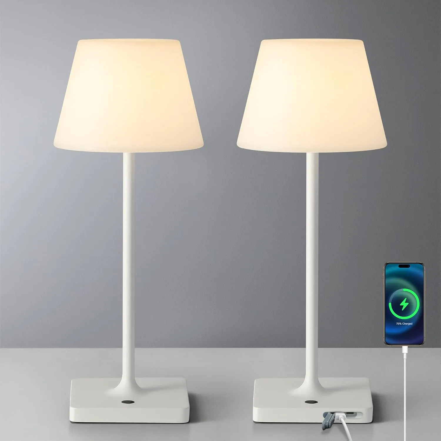 14.5" Small Cordless Touch Table Lamp White, Waterproof Shower Lamp Set of 2, 4000mAh Rechargeable Battery Powered Dimmable LED Desk Lamps for Outdoor, Restaurant, Bathroom, Camping, Nightlight