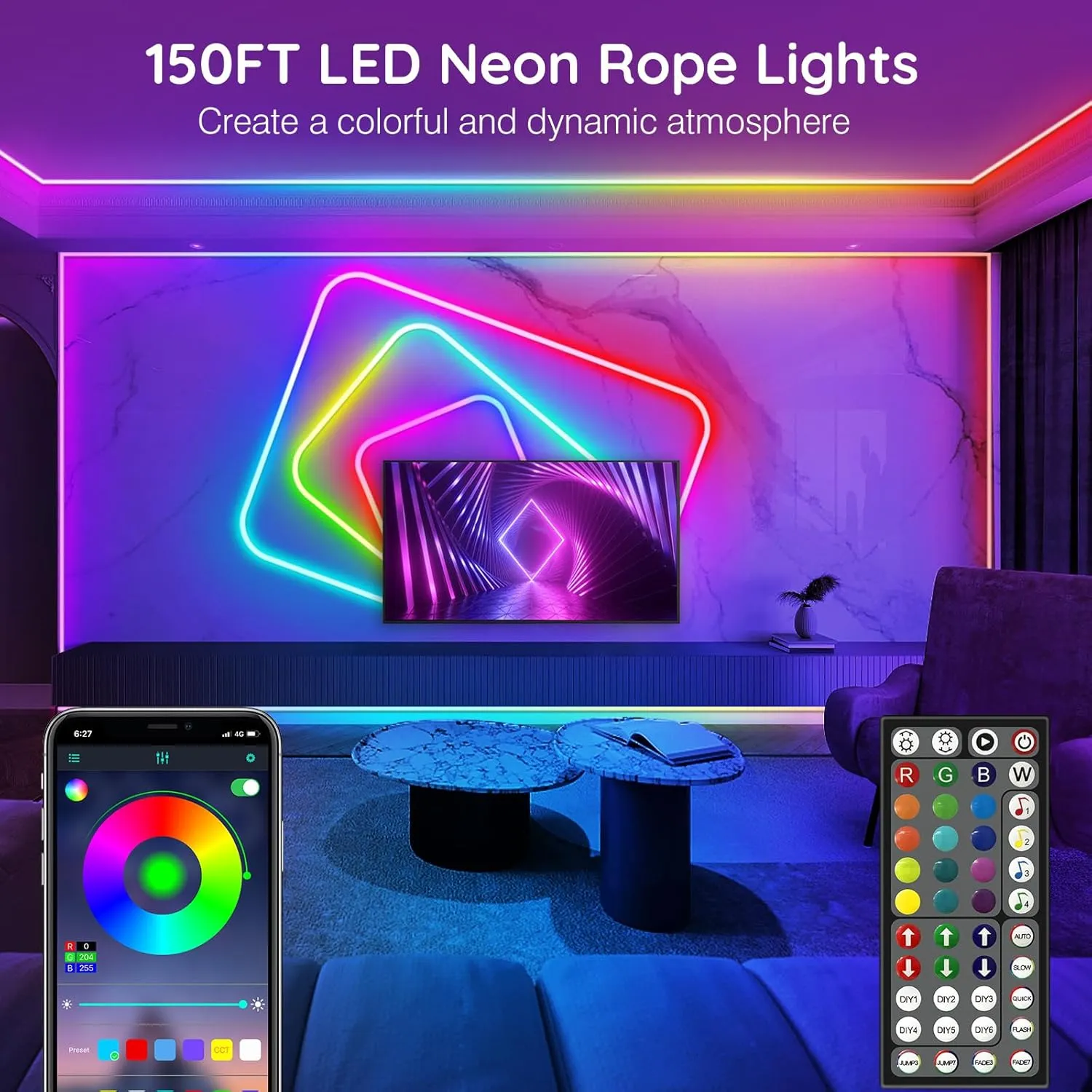 150Ft Neon Rope Lights,Flexible Led Rope Lights Control with App/Remote,Multiple Modes Light,IP65 Outdoor RGB Led Light Waterproof (150Ft Neon Rope Lights)
