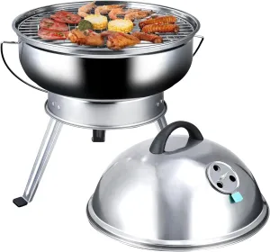 15" Professional stainless-steel braai, Portable Charcoal Grill,Foldable legs,Spherical grill, with 3-Point Locking Lid for Heat Preservation,Outdoor Cooking Barbecue Camping BBQ Coal Kettle