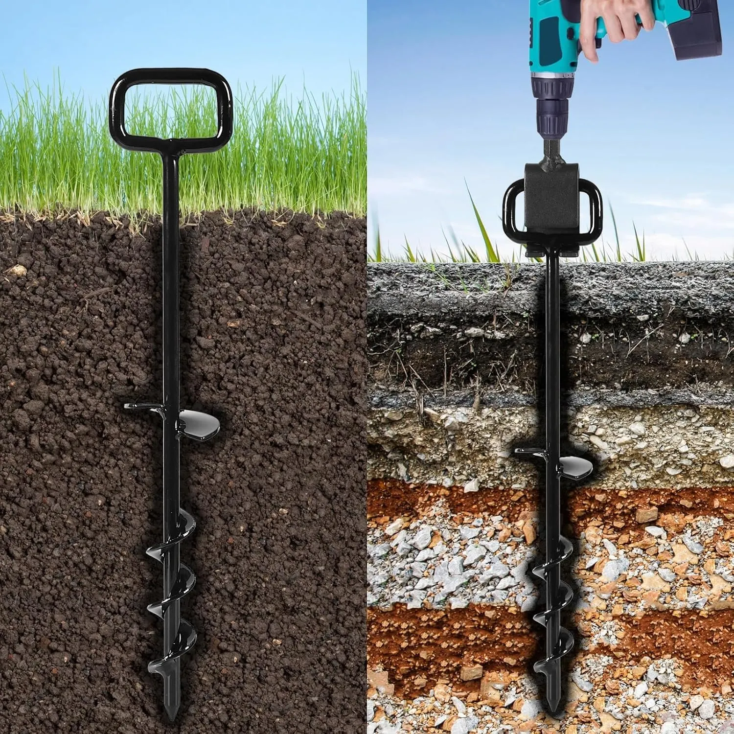 16In Tent Stakes with 12PCS Heavy Duty Adapter, Screw Ground Anchors, Tree Straightening Kit, Mobile Home Anchors (Black)