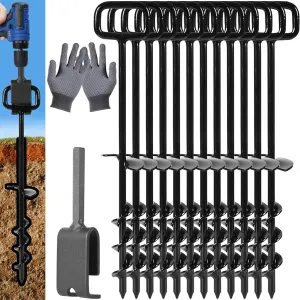 16In Tent Stakes with 12PCS Heavy Duty Adapter, Screw Ground Anchors, Tree Straightening Kit, Mobile Home Anchors (Black)