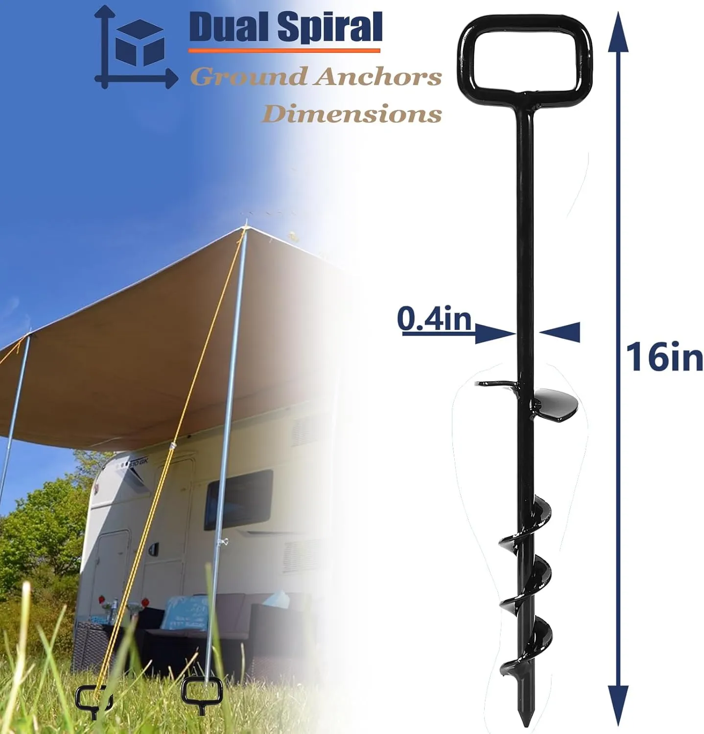 16In Tent Stakes with 12PCS Heavy Duty Adapter, Screw Ground Anchors, Tree Straightening Kit, Mobile Home Anchors (Black)