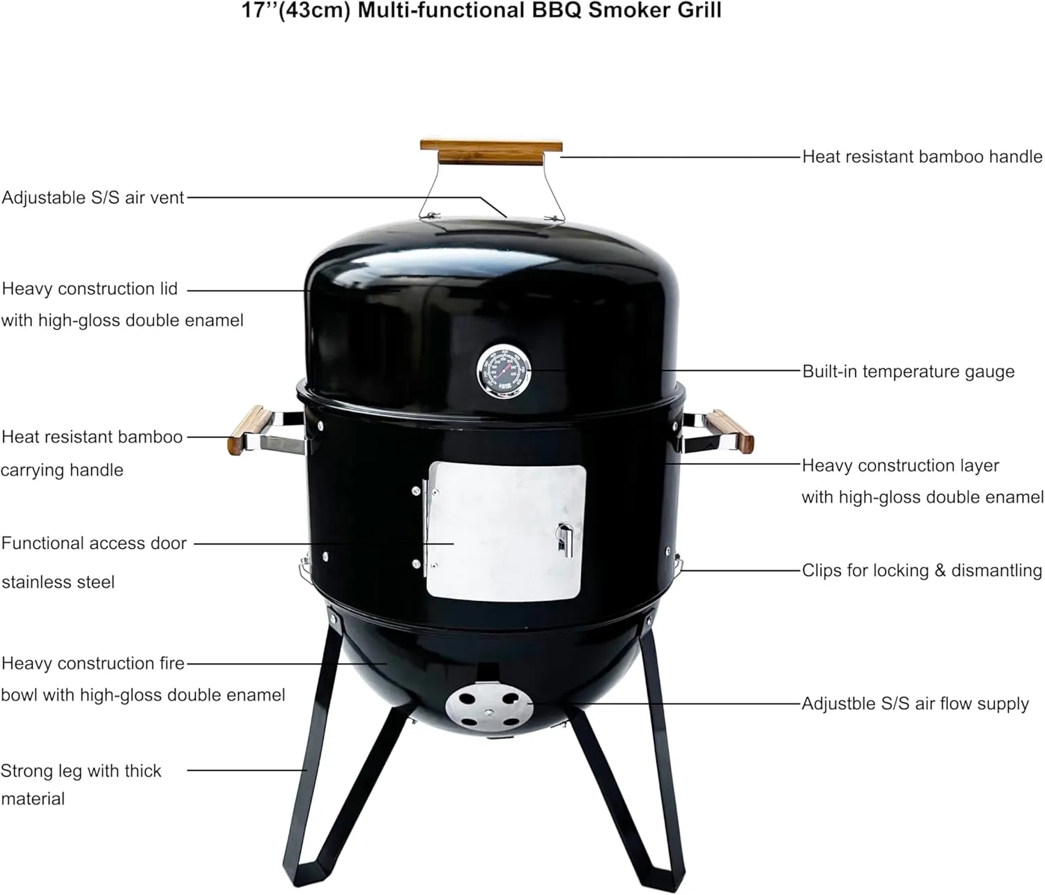 17-1/2“ Durable Enameled BBQ Smoker Grill with Stove Cover Thermometer, Air Vent and Access Doors, Enameled Grates 3pcs Handles and Rib Hanger Set with 4 Hooks,Parties,Backyard