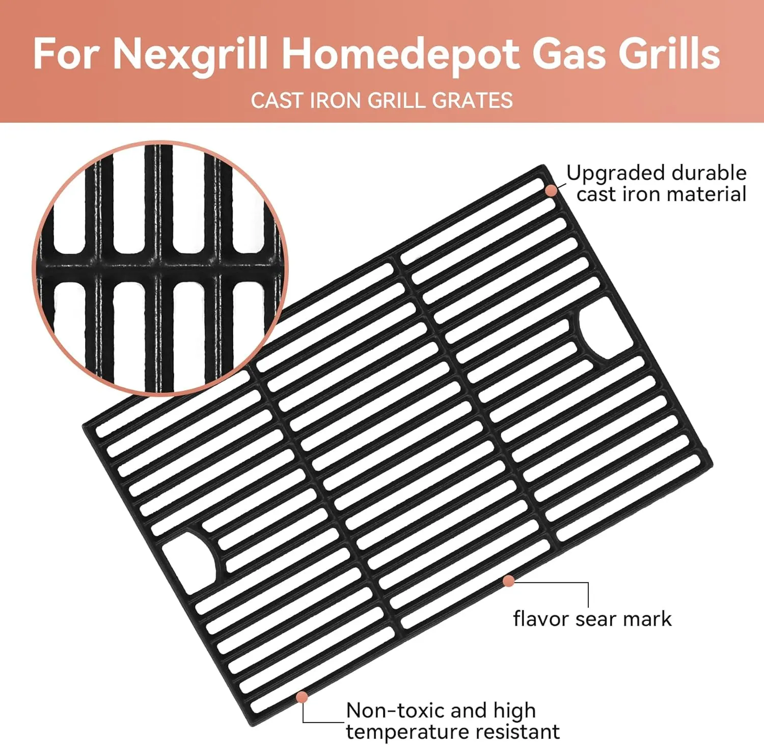 17inch Grill Grates for Nexgrill 6 Burner 720-0896 720-0896B 720-0896E 720-0898 720-0896X 720-0896C 720-0896CP 720-0898A, Cast Iron Cooking Grids for Homedepot Nexgrill 6-Burner Deluxe 720-0896,3Pack