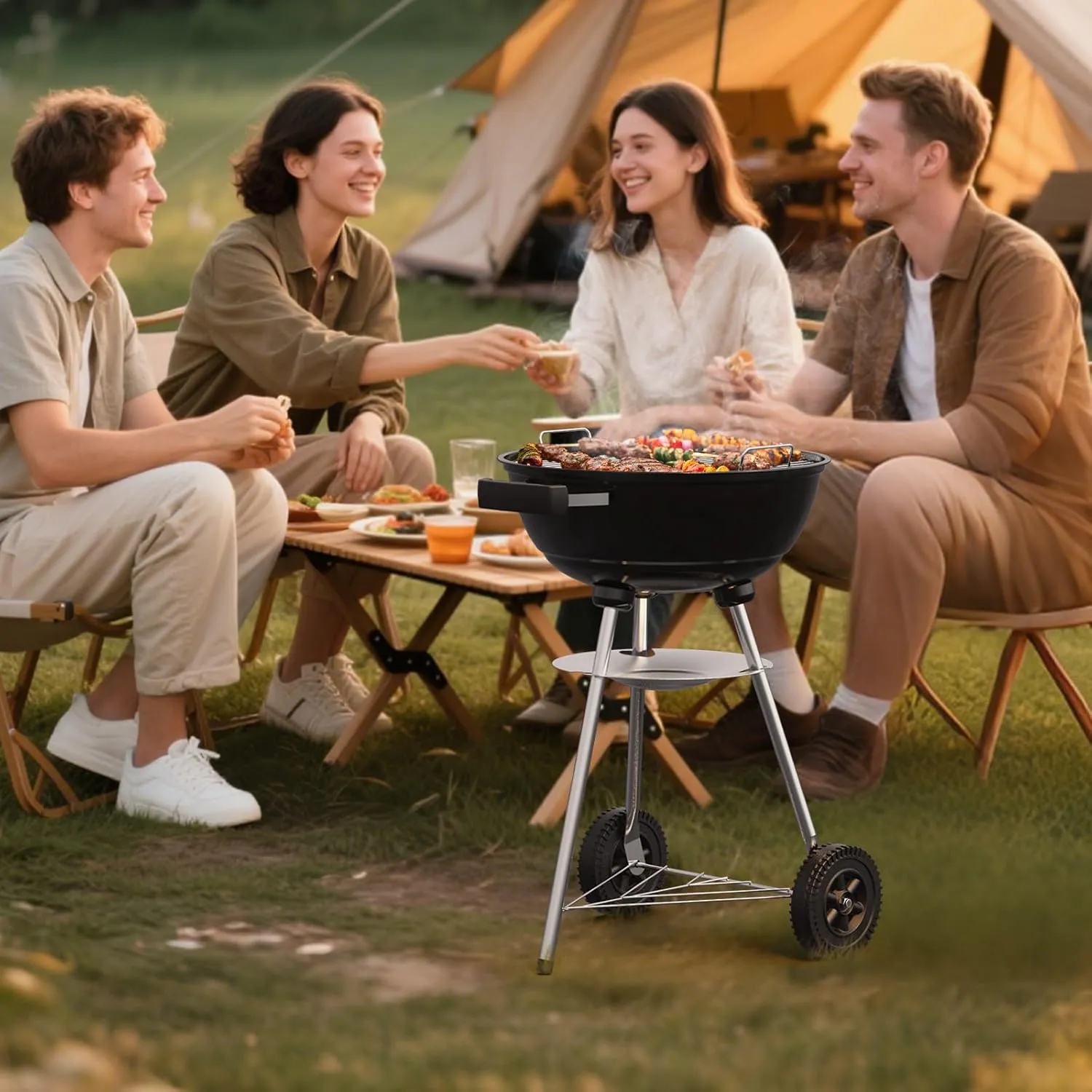 18 inch Charcoal Grill, Portable Round Kettle Barbecue Grills,Durable & Easy to Assemble, Smoker/BBQ Grill with Wheels for Backyard, Camping, Small Patio and Beach, Black