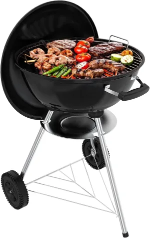 18 inch Charcoal Grill, Portable Round Kettle Barbecue Grills,Durable & Easy to Assemble, Smoker/BBQ Grill with Wheels for Backyard, Camping, Small Patio and Beach, Black