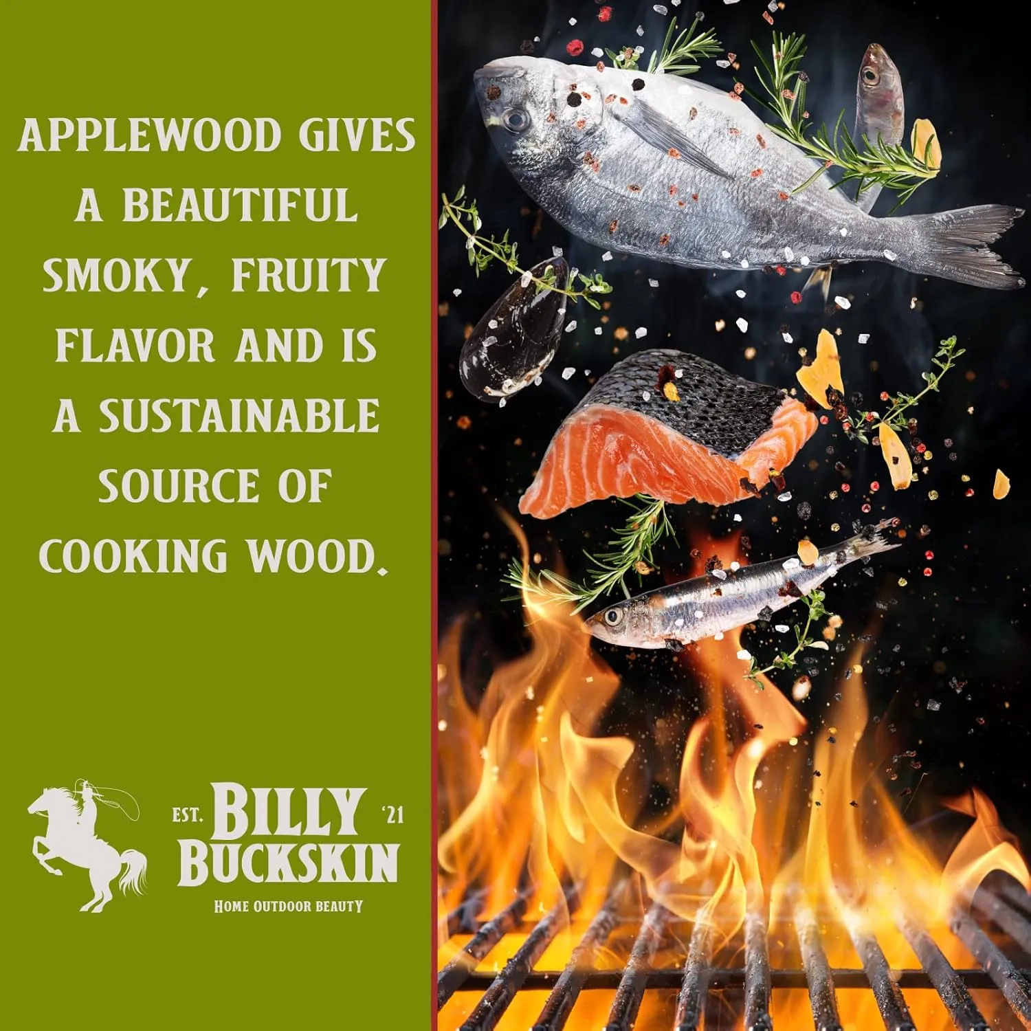 18 LB. Applewood Cooking Firewood Log, 1 LB. 100% Natural Apple Wood Chips Flavor, Fatwood Fire Starter Sticks Included for Outdoor Cooking, Smoking, Grilling, Camping & Fire Pit by Billy Bucksin Co.