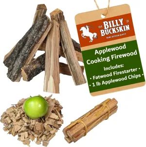 18 LB. Applewood Cooking Firewood Log, 1 LB. 100% Natural Apple Wood Chips Flavor, Fatwood Fire Starter Sticks Included for Outdoor Cooking, Smoking, Grilling, Camping & Fire Pit by Billy Bucksin Co.