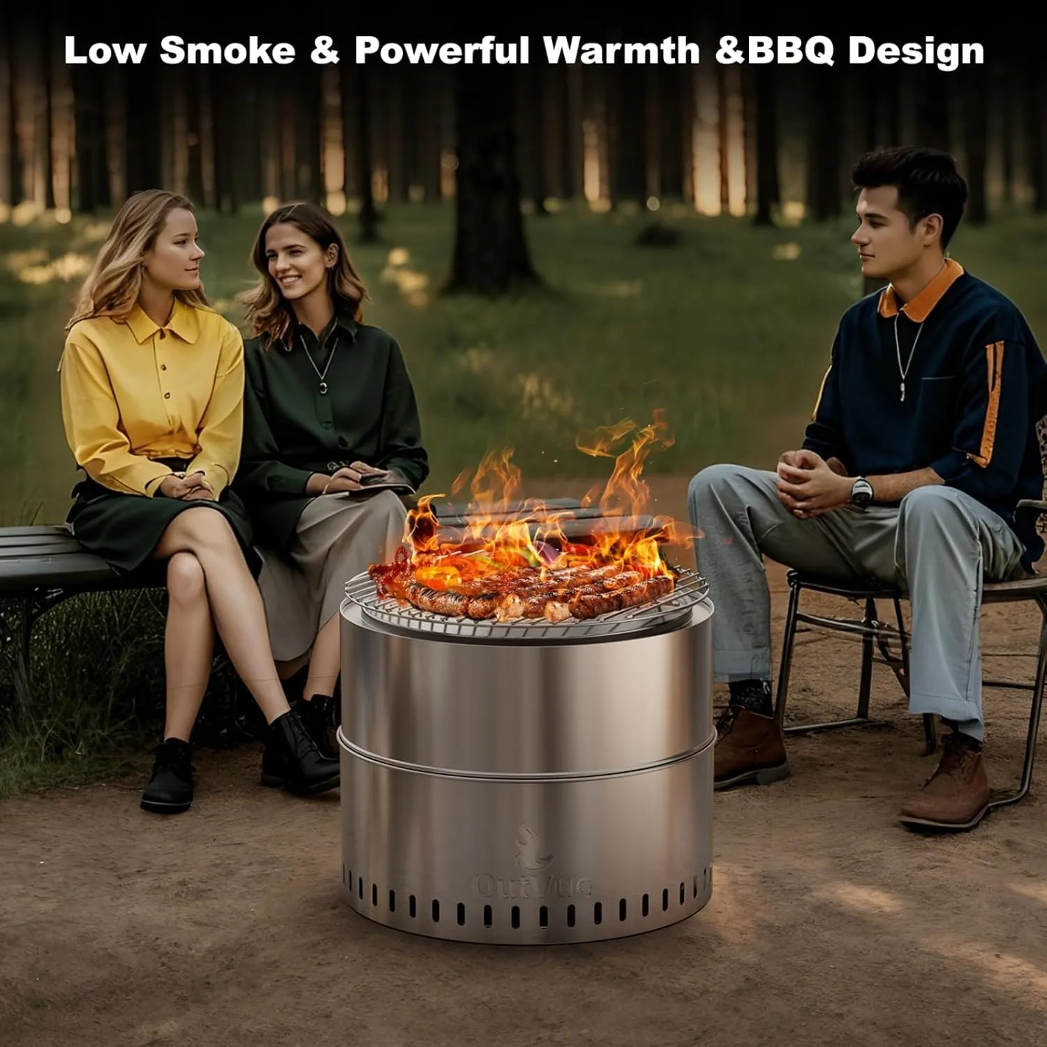 19 inch Stainless Steel Smokeless Fire Pit with BBQ Grill & Tote Bag, Outdoor Smokeless Firepit, Wood Burning Fire Pits for Camping, Bonfire, Low Smoke Firepit for Outside (Vertical Hole)