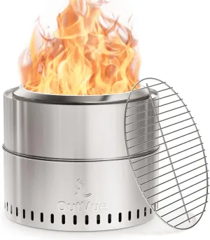 19 inch Stainless Steel Smokeless Fire Pit with BBQ Grill & Tote Bag, Outdoor Smokeless Firepit, Wood Burning Fire Pits for Camping, Bonfire, Low Smoke Firepit for Outside (Vertical Hole)
