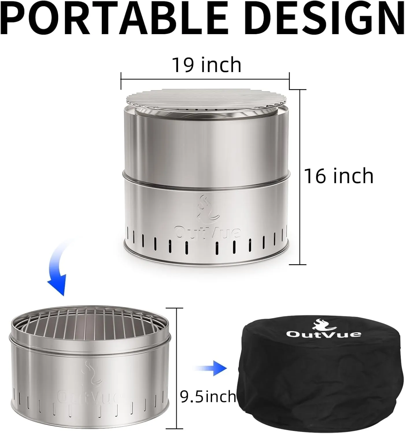 19 inch Stainless Steel Smokeless Fire Pit with BBQ Grill & Tote Bag, Outdoor Smokeless Firepit, Wood Burning Fire Pits for Camping, Bonfire, Low Smoke Firepit for Outside (Vertical Hole)