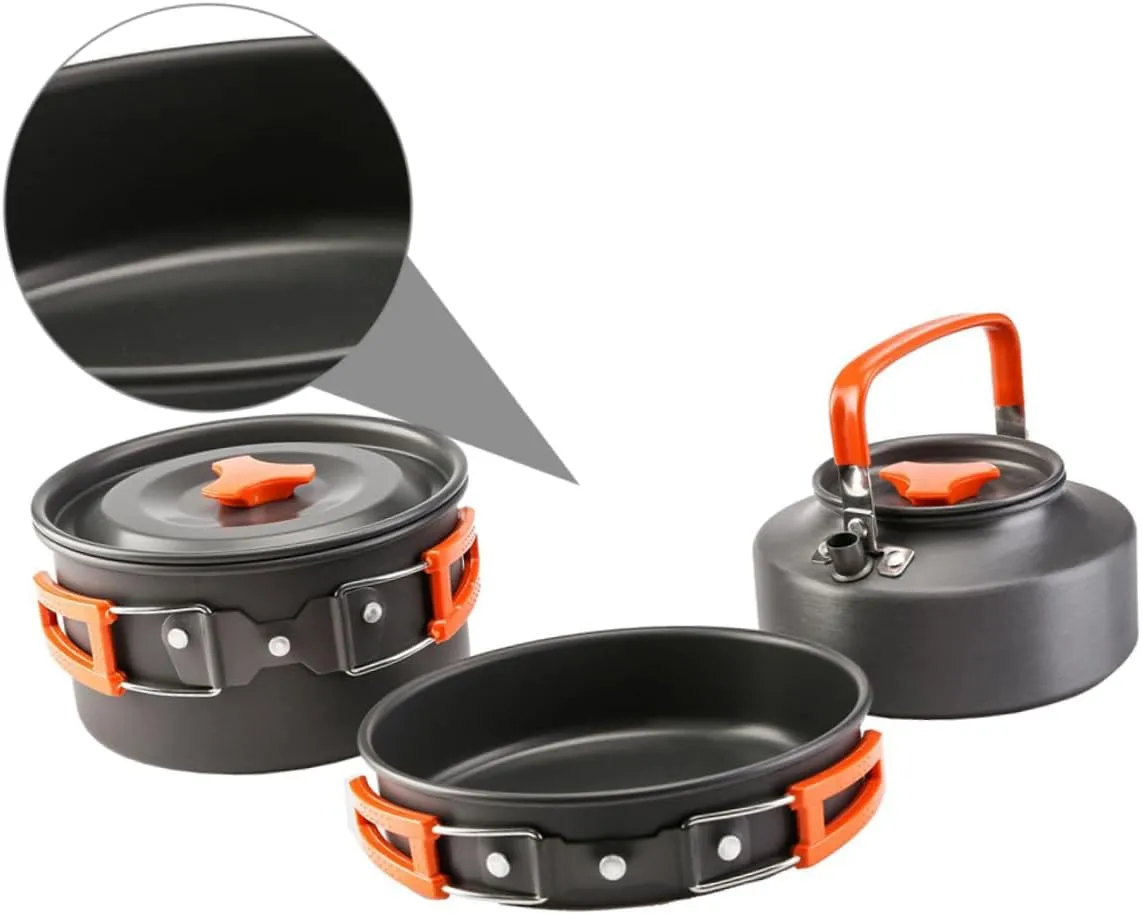 2-3 Person Camping Pot Set Outdoor Cookware Set Lightweight Aluminum Alloy Portable Cooking Kit for Backpacking
