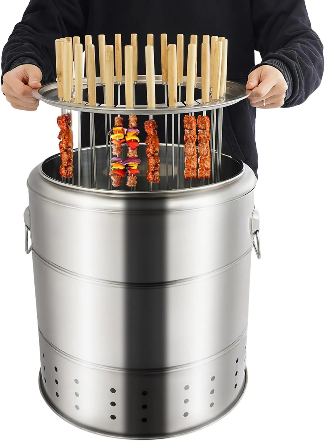 2-In-1 Portable Smokeless Barbecue Barrel,28 Skewers Large Capacity Barbecue Grill With Oil And Charcoal Separation Design.BBQ Charcoal Grill For Picnics, Camping, Traveling, Parties, Gardens, Etc