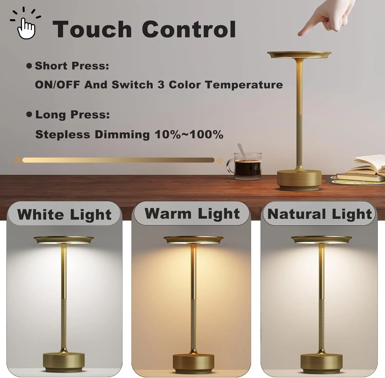 2 Pack Cordless Table Lamp, LED Rechargeable Table Light with 3 Temp Settings, Stepless Dimming, 5000mAh Battery, USB-C, Memory, Aluminum Alloy, for Home, Patio, Restaurant, Outdoor. Gold