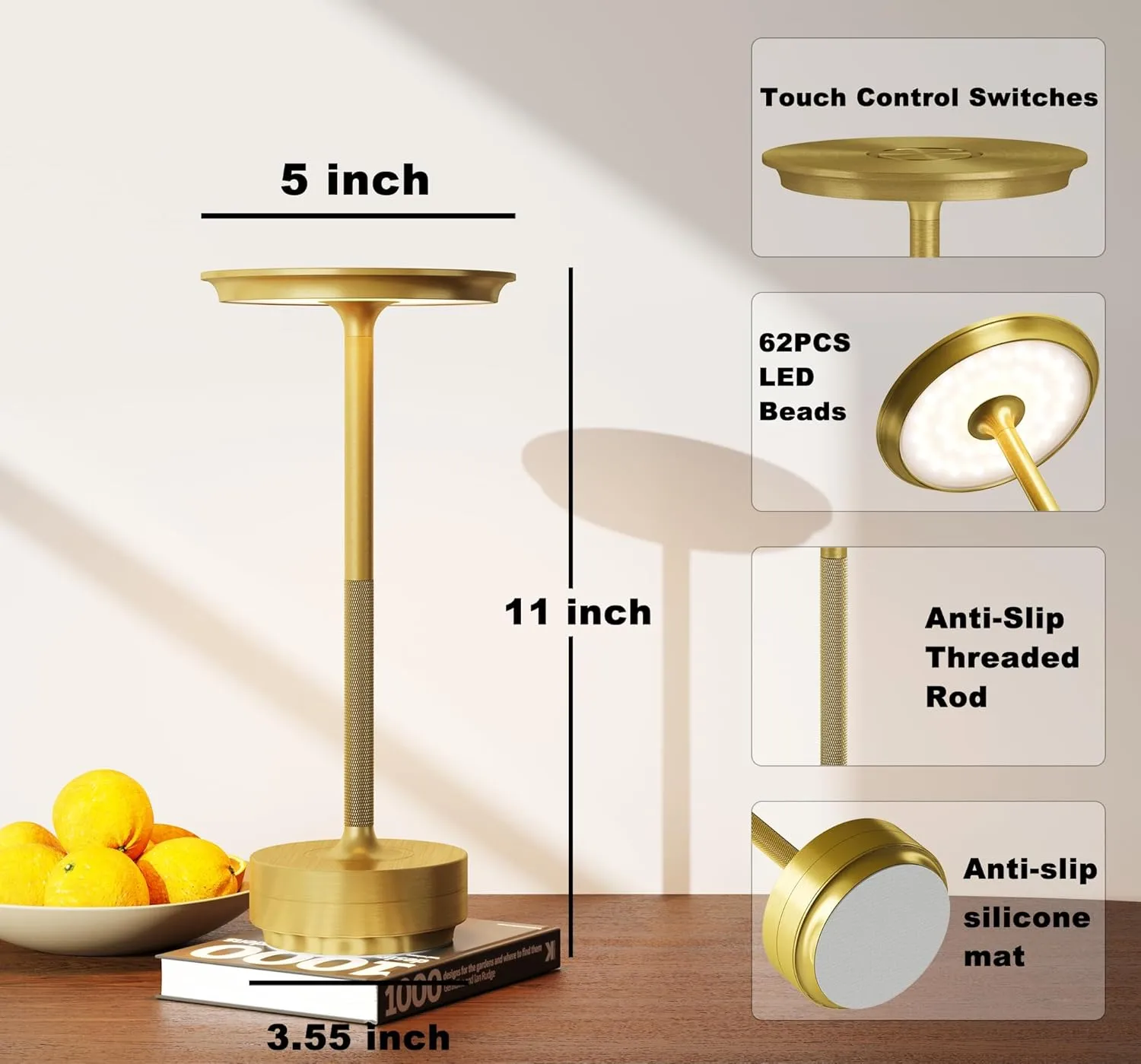 2 Pack Cordless Table Lamp, LED Rechargeable Table Light with 3 Temp Settings, Stepless Dimming, 5000mAh Battery, USB-C, Memory, Aluminum Alloy, for Home, Patio, Restaurant, Outdoor. Gold