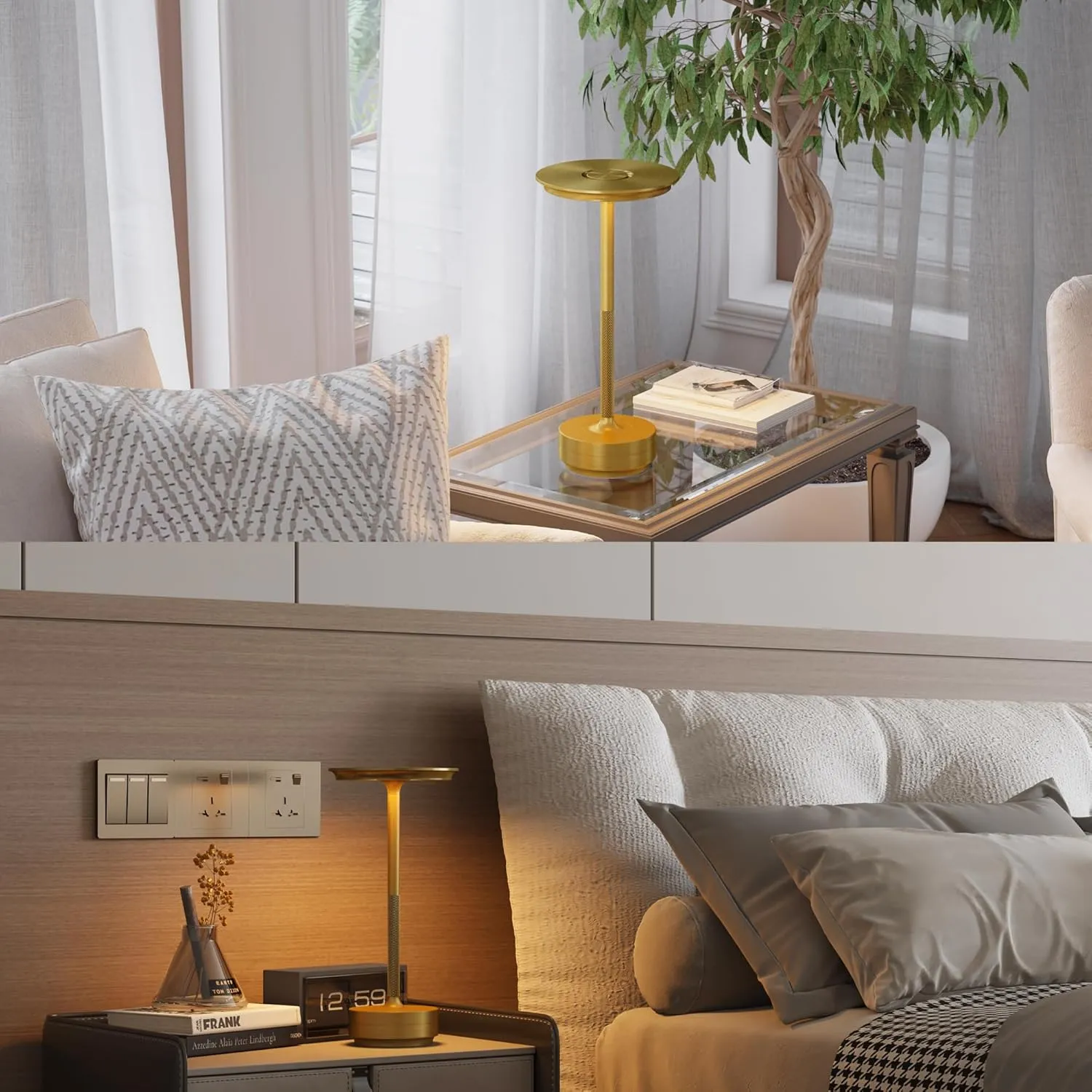2 Pack Cordless Table Lamp, LED Rechargeable Table Light with 3 Temp Settings, Stepless Dimming, 5000mAh Battery, USB-C, Memory, Aluminum Alloy, for Home, Patio, Restaurant, Outdoor. Gold