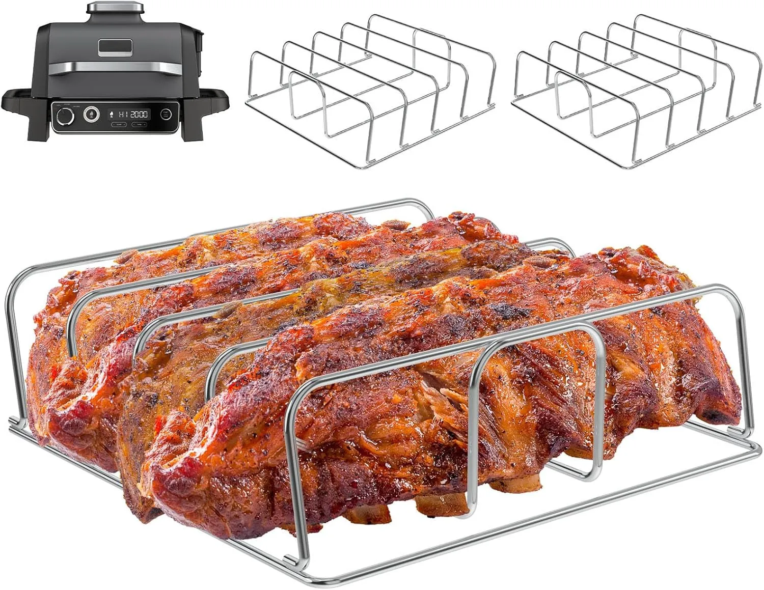 2-Pack Rib Rack for Ninja Woodfire OG751/OG700 Series, Roasting Turkey Rack for Ninja OG701 Woodfire Electric Grills 7 in 1 Ninja Woodfire Outdoor Grill Accessories 4 Full Racks Holder of Ribs