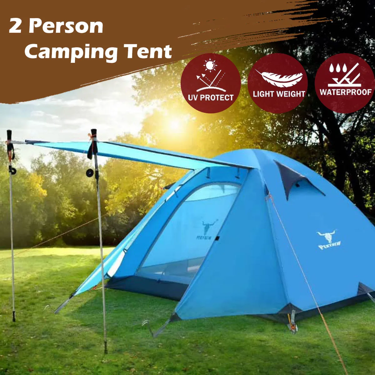 2 Person Portable Outdoor Lightweight Cycling Hiking Backpacking Camping Waterproof Tent - Blue
